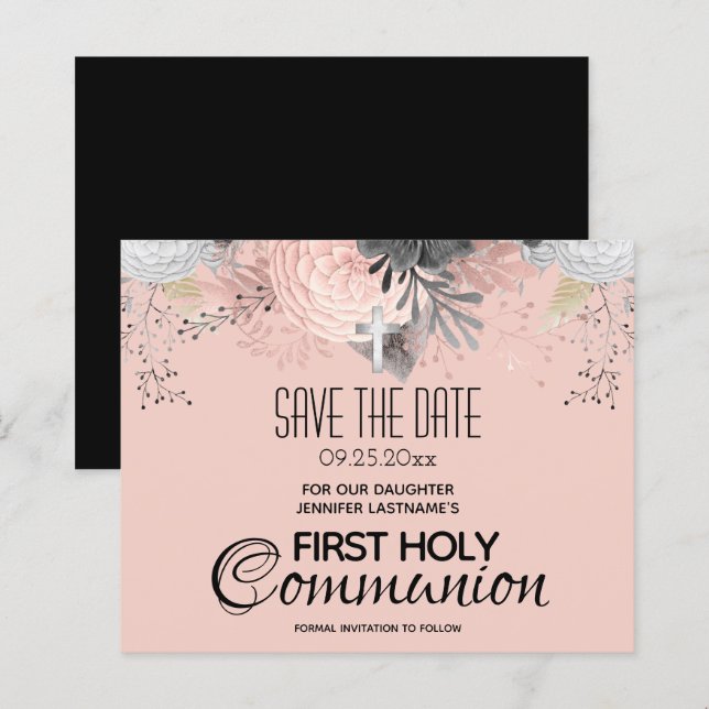 Papier Sainte Communion rose florale Enregistrer la date  (Devant / Derrière)