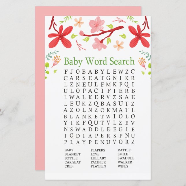 Papier Sakura Baby shower Word Search Jeu (Devant / Derrière)