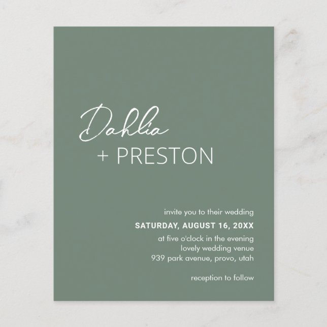 Papier Salage minimal Vert Moderne Budget Mariage Inviter (Devant)