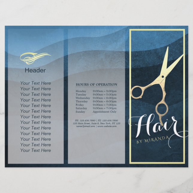 Papier Salon des cheveux Coiffeuse Ciseaux bleu or Tri-Fo (Devant)