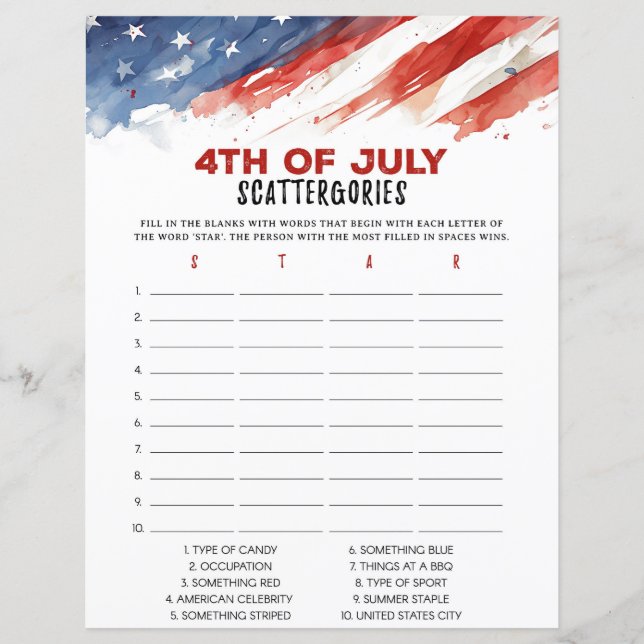 Papier Scattergories 4 juillet partie (Devant)
