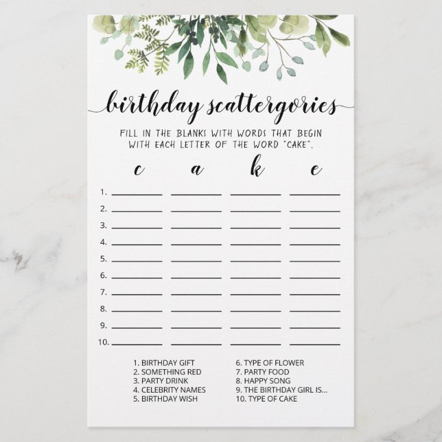 Papier Scattergories Anniversaire jeu modifiable (Devant)