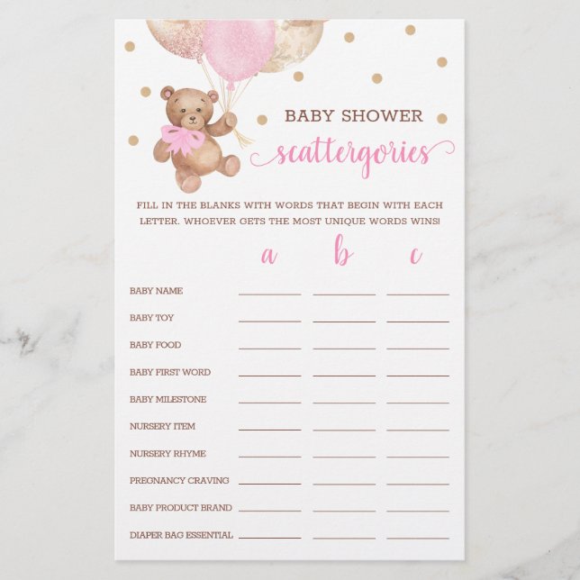 Papier Scattergories Jeu Baby shower Teddy Ours (Devant)