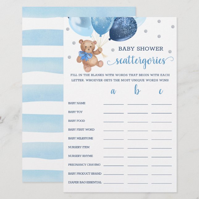 Papier Scattergories Jeu Baby shower Teddy Ours (Devant / Derrière)