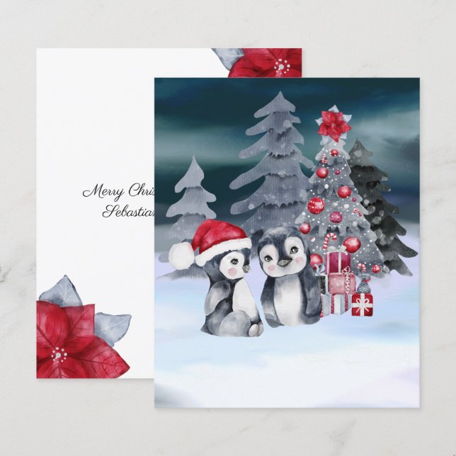 Papier Scène de sapin de Noël de pingouin à petit budget (Devant / Derrière)