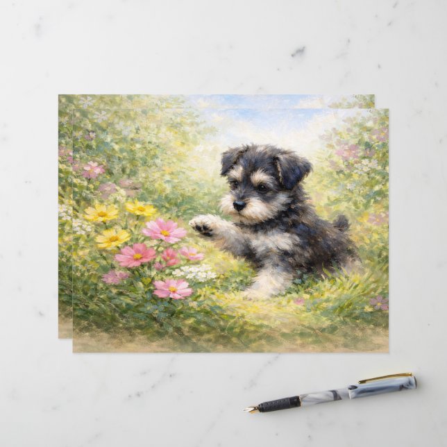 Papier Schnauzer Puppy Springtime Flowers Scrapbook Paper (Devant/Arrière en situation)