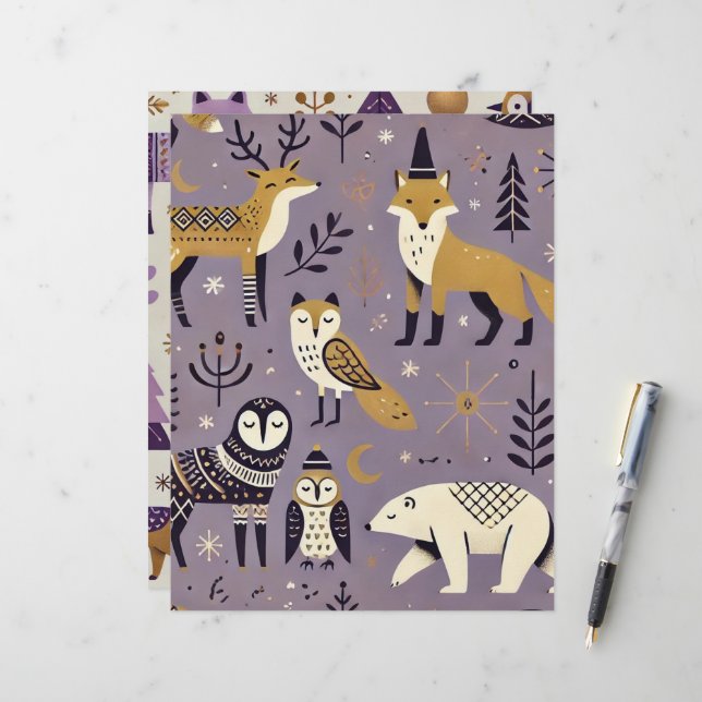 Papier Scrapbook d'animaux scandinaves pourpres et or (Devant/Arrière en situation)