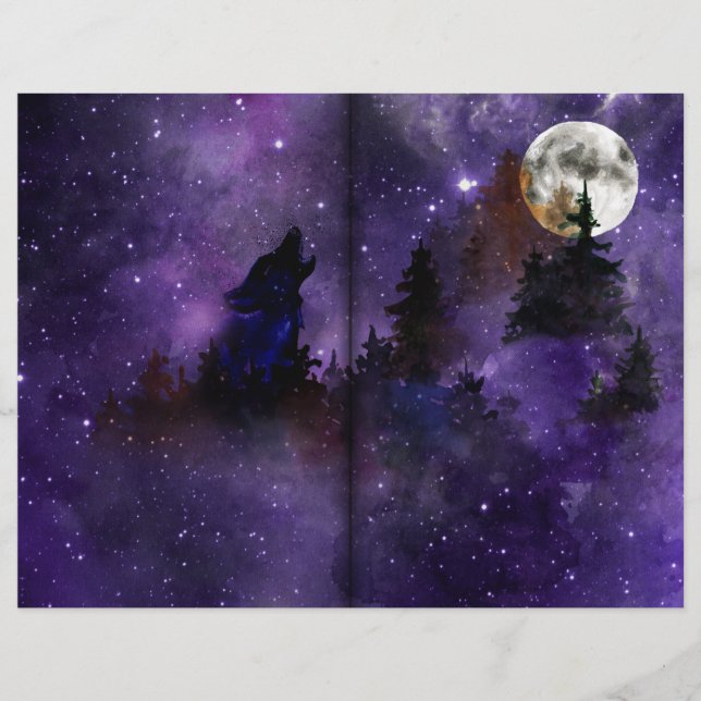 Papier scrapbook Forêt Loup Mystique et Lune (Devant)