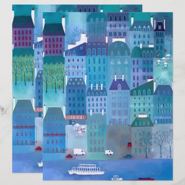 Papier scrapbook Peinture de paysage urbain Paris  (Devant / Derrière)