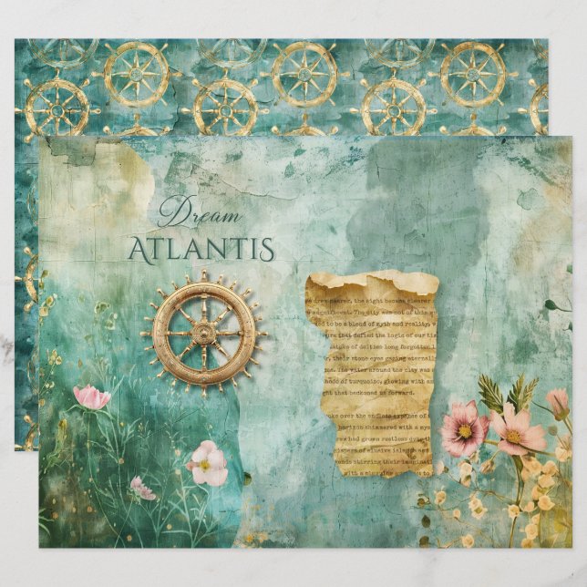 Papier scrapbooking sarcelle sous-marin océan mer  (Devant / Derrière)