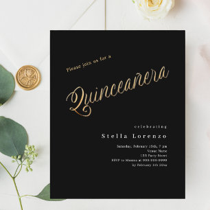 Papier Script en or noir Quinceanera invitation