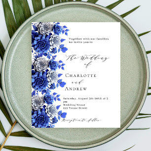 Papier Script floral blanc bleu faire-part de mariage bud