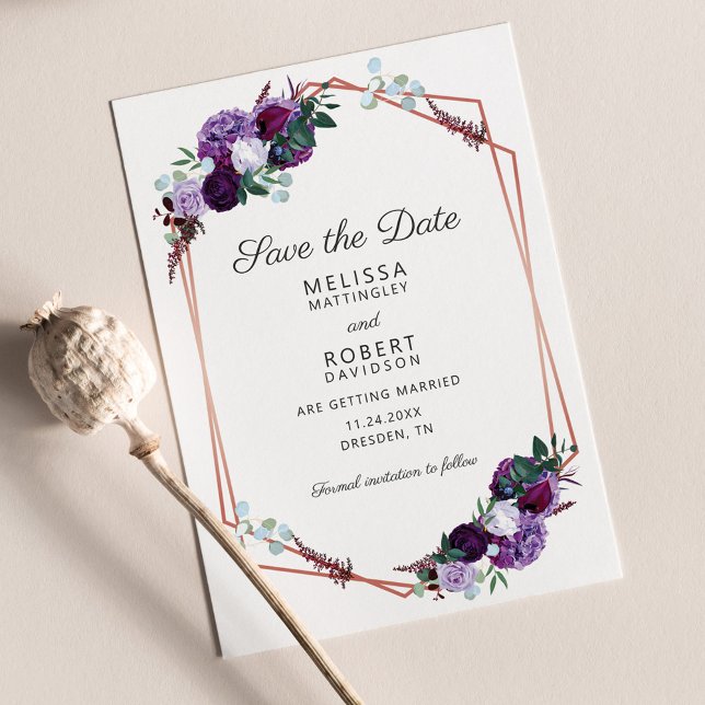 Papier Script géométrique floral violet Enregistrer la da (Purple Floral Geometric Wedding Save the Date Announcement)