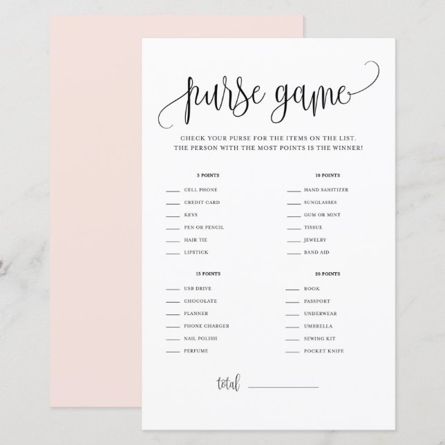 Papier Script noir Ce qui est dans votre sac Jeu de douch (Devant / Derrière)