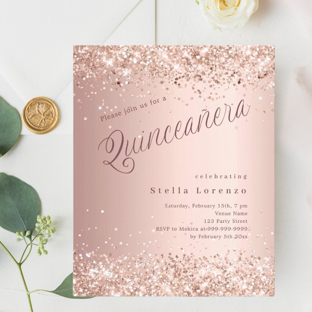 Papier Script or rose moderne Quinceanera invitation (Créateur téléchargé)