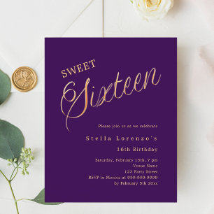 Papier Script or violet élégant Sweet 16 invitation