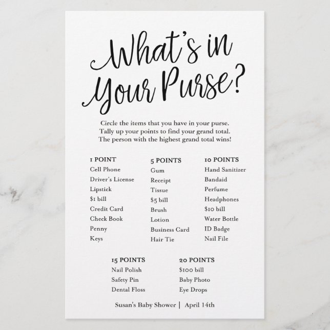 Papier Script What's in Your Purse Baby shower Game Card (Devant)