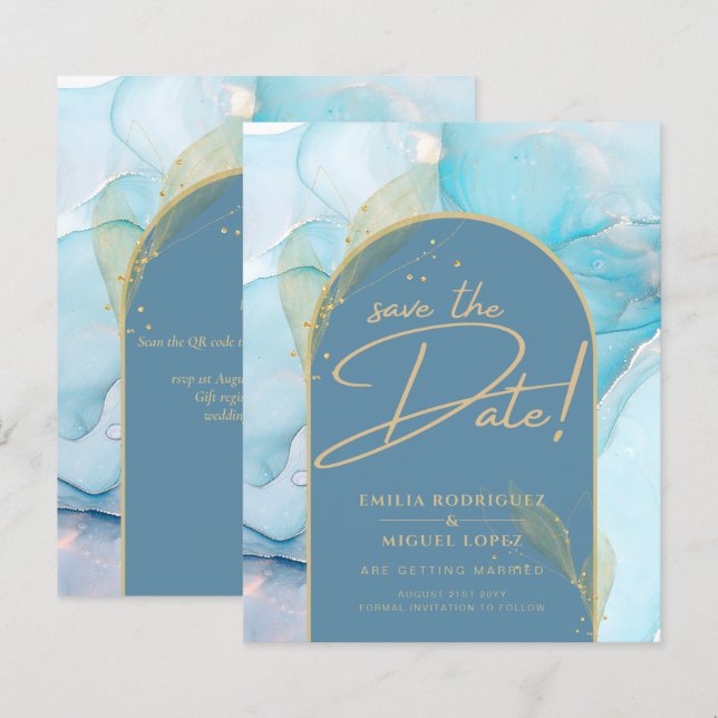 Papier Seaglass INK Turquoise Aqua Blue Gold Mariage Date (Devant / Derrière)
