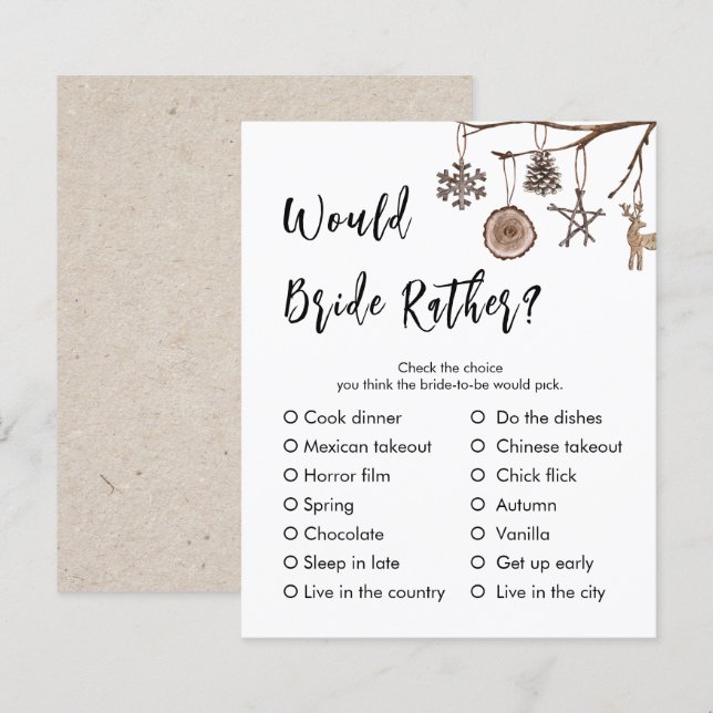 Papier Serait la mariée plutôt | Jeu de Baby Shower d'hiv (Devant / Derrière)