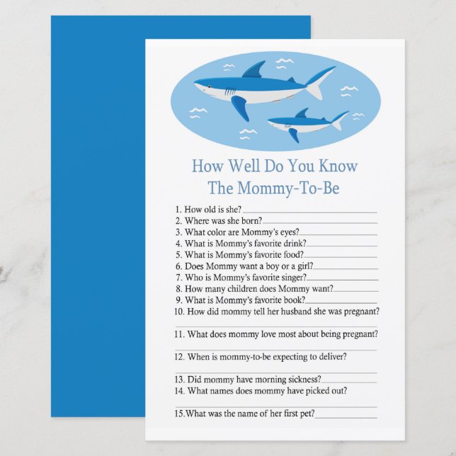 Papier Shark Tu connais bien le jeu baby shower (Devant / Derrière)