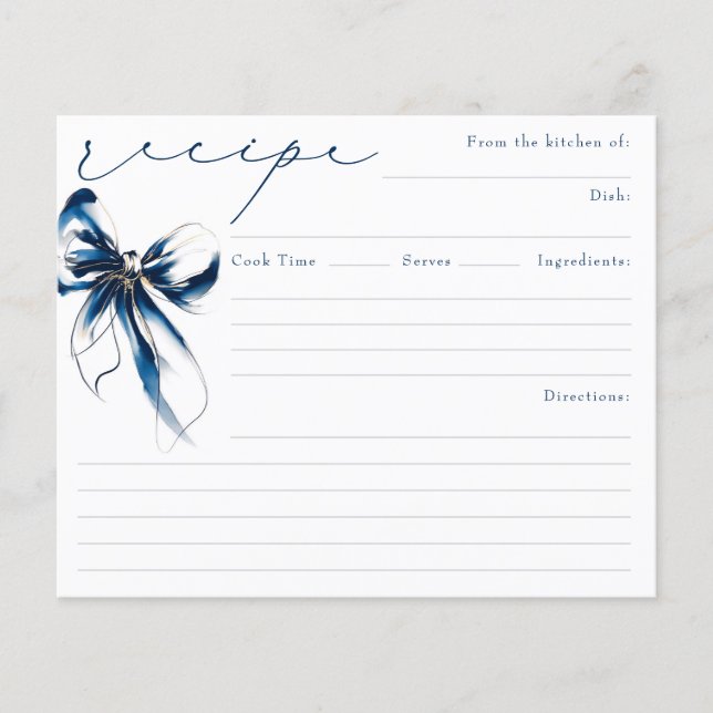Papier She's Tying the Knot Blue Bow Bridal Recipe Card (Devant)