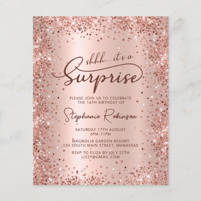 Papier Shhh Surprise Rose Gold Sweet 16 Anniversaire Invi (Devant)