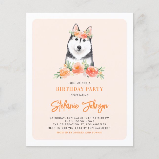 Papier Sibérie Husky Pêche Florale Invitation d'anniversa (Devant)