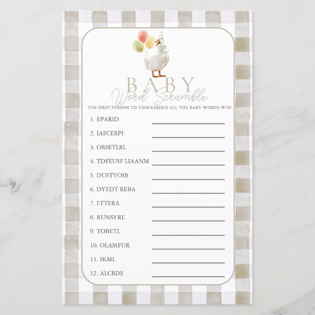 Papier Silly Goose Beige Gingham Baby Word Scramble (Devant)