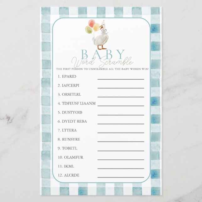 Papier Silly Goose Blue Gingham Boy Baby Word Scramble (Devant)