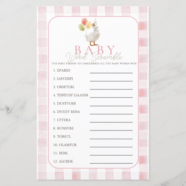 Papier Silly Goose Pink Gingham Girl Baby Word Scramble (Devant)