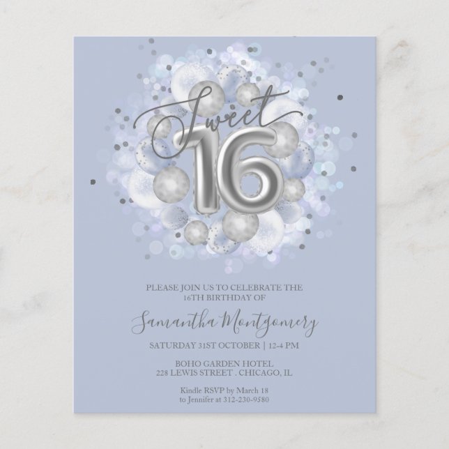 Papier Silver Foil Sweet 16 Ballons Budget Invitation (Devant)