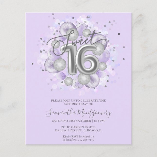 Papier Silver Foil Sweet 16 Ballons Budget Invitation (Devant)
