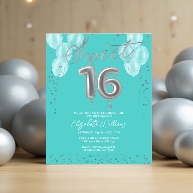 Papier Silver Foil Sweet 16 Ballons Invitations Budget (Créateur téléchargé)