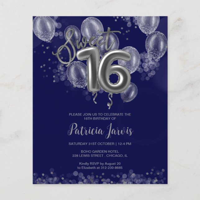 Papier Silver Sweet 16 Ballons Anniversaires Invitations  (Devant)