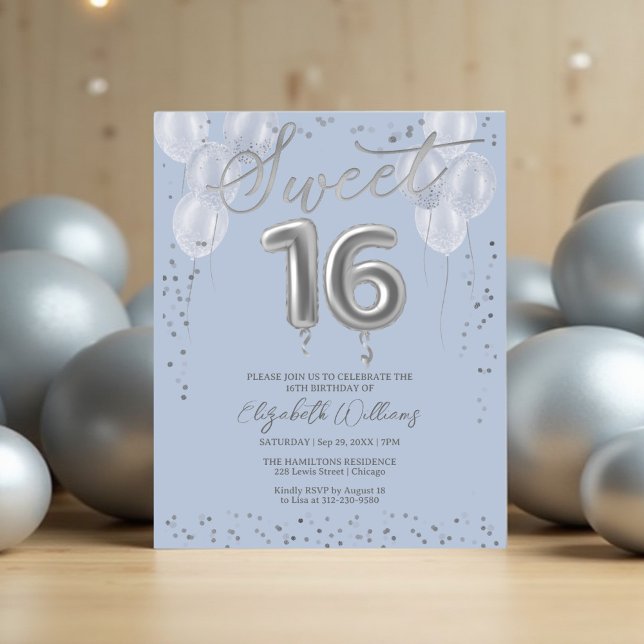 Papier Silver Sweet 16 Ballons Bleu Budget Invitations (Créateur téléchargé)