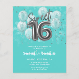 Papier Silver Sweet 16 Ballons Invitation Budge Turquoise
