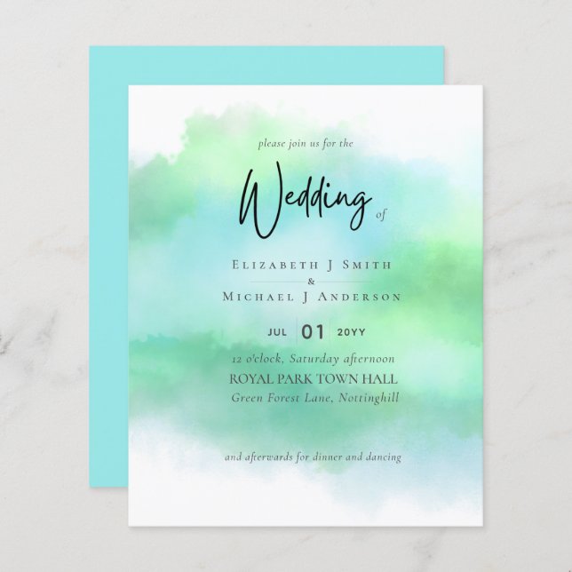 Papier Simple Aqua Blue Fade Green Moderne Budget Mariage (Devant / Derrière)