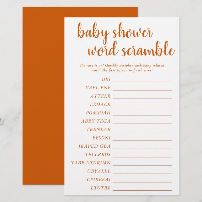 Papier Simple Bébé Mot Scramble | Automne Orange Game Car (Devant / Derrière)