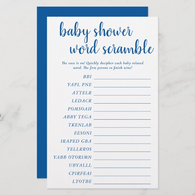 Papier Simple Bébé Mot Scramble | Classic Blue Game Card (Devant / Derrière)