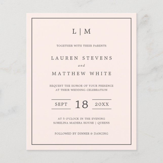 Papier Simple Blush Pink Monogramme Budget Mariage Invita (Devant)