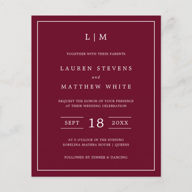 Papier Simple Bourgogne Monogramme Budget Mariage Invitat (Devant)