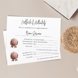 Papier Simple certificat d'authenticité oeuvre d'art par