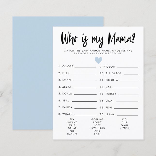 Papier Simple Coeur Bleu Qui Est Mon Baby shower Mama Jeu (Devant / Derrière)