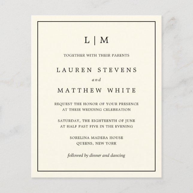 Papier Simple Crème Monogramme Budget Mariage Invitation (Devant)