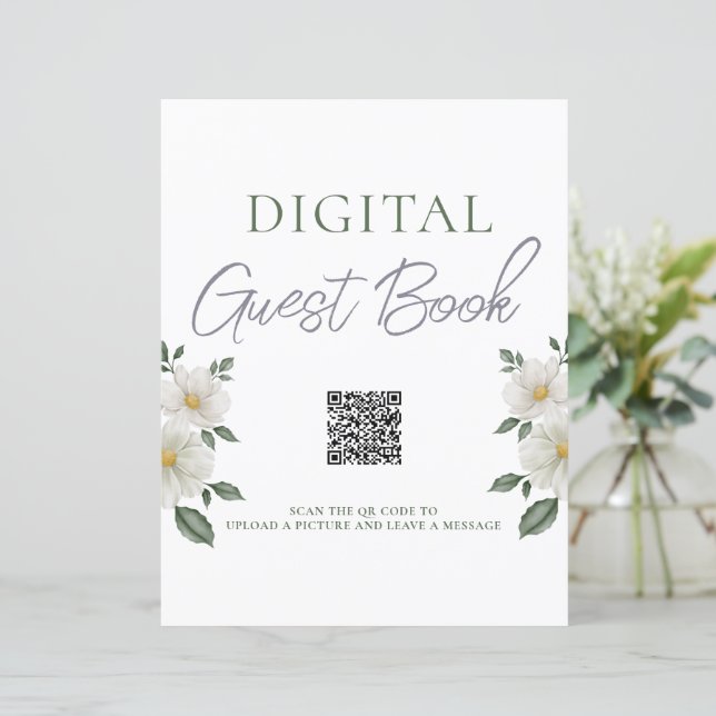 Papier Simple Floral Digital Guest Book QR Code Sign (Debout devant)