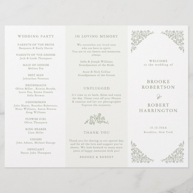 Papier Simple Floral Sage Green Tri Fold Wedding Programm (Devant)