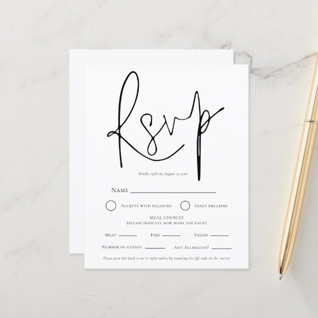 Papier Simple Mariage noir blanc QR choix de repas RSVP (Devant/Arrière en situation)
