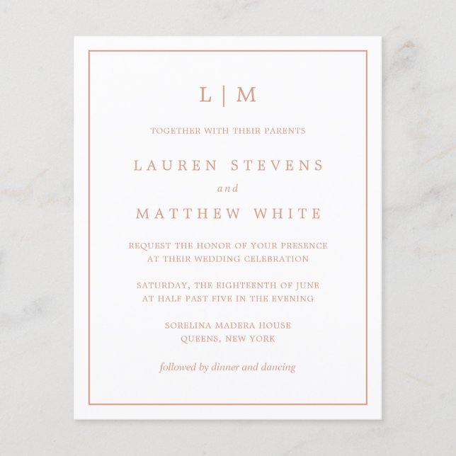 Papier Simple Rose rose Monogramme Budget Mariage Invite (Devant)