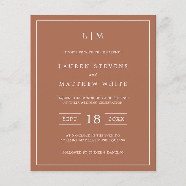 Papier Simple Terracotta Monogramme Budget Mariage Invite (Devant)