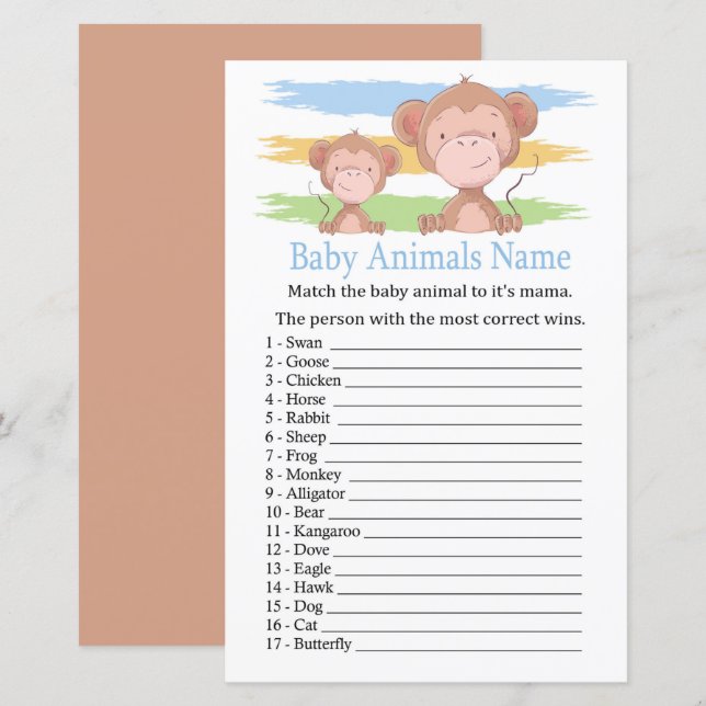 Papier Singe Bébé Animaux Nom Jeu (Devant / Derrière)